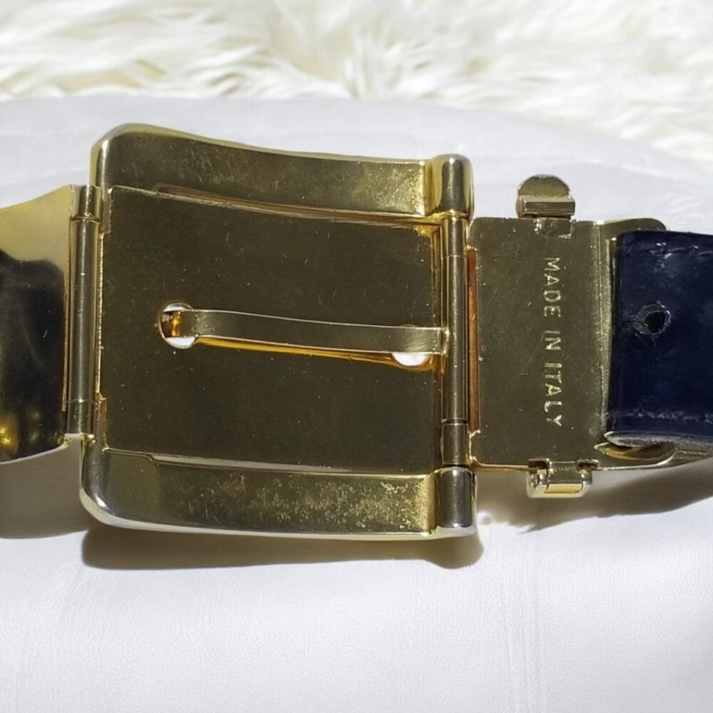 Rare Women’s Art Deco Belt Italian Retro Patent Leather in Blue w/a Gold Buckle - Picture 7 of 13